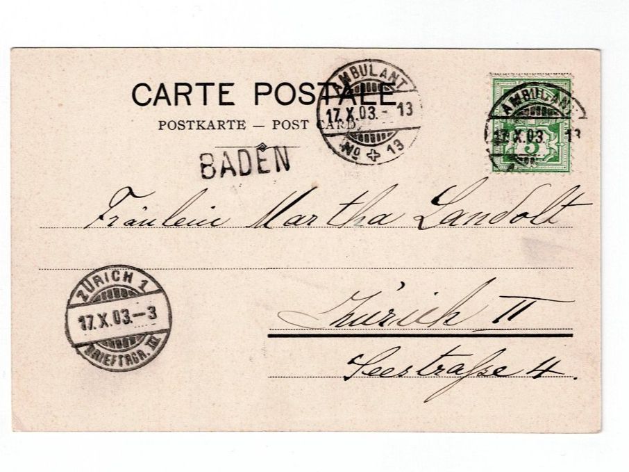 Cartoline postali: Schweiz, Ansichtskarte Balkenstempel Baden 17.10.1903 – Usato da Hinteregg venduto da McCharly01 1
