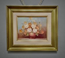 Florales Vintage-Ölbild Bouquet in Vase, signiert, gerahmt