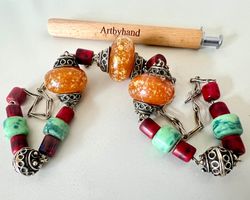 Ethno-Collier Tibet Stil Bernstein-, Koralle & Türkisoptik