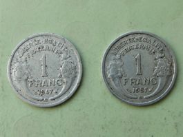 2x 1 Franc France 1947B + 1957B Alu Morlon Beaumont