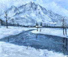 Gemälde Winterlandschaft mit Bergen, 50x60 cm