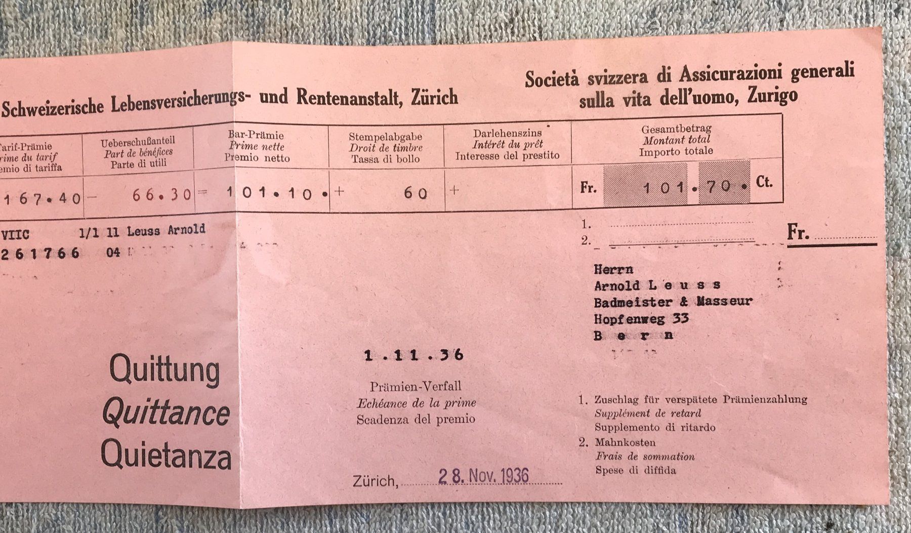 Documenti: HISTORISCHES DOKUMENT RENTENANSTALT 1936 – Usato da Ostermundigen venduto da wini63 3