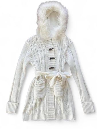 Vintage snow bunny white knit cardigan with faux fur hood