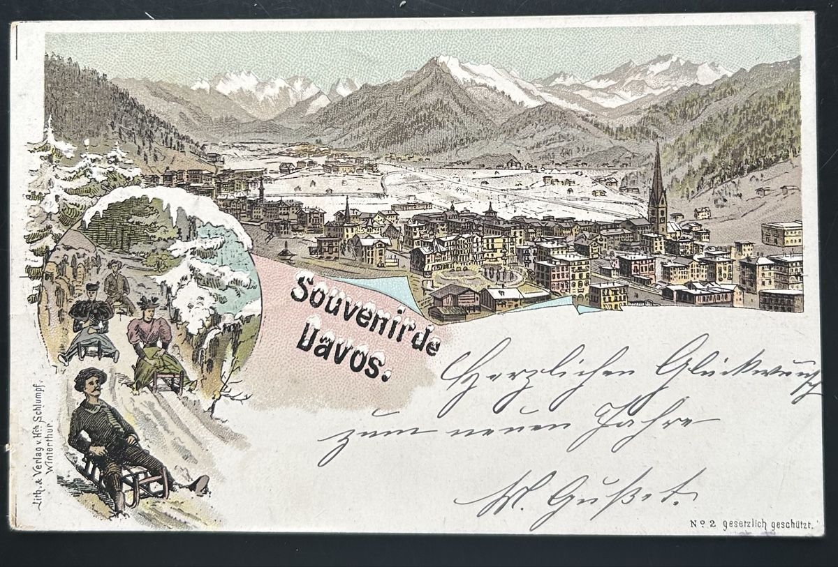 Cartoline postali: Souvenir de Davos Schlumpf Litho  – Usato da Horw venduto da Tellbub