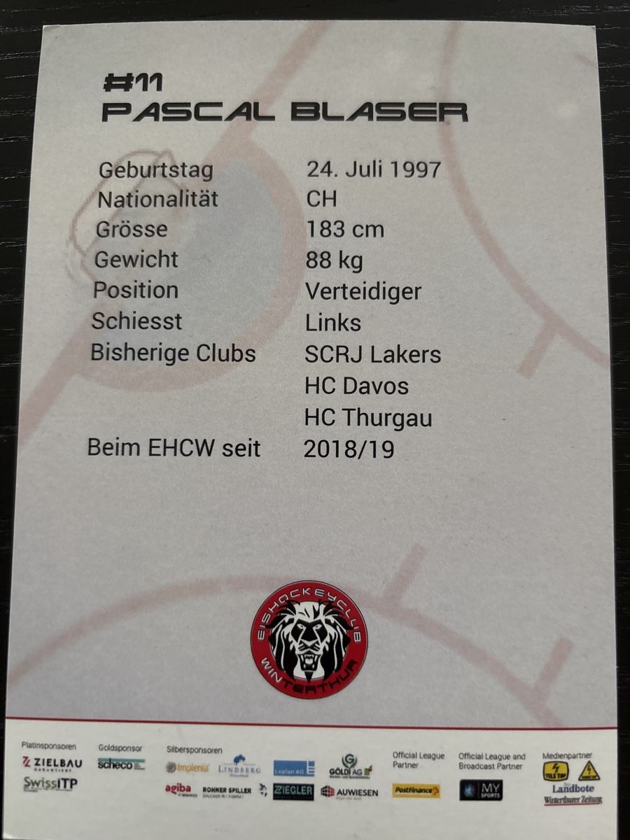 Autogramme: Signierte Karte Pascal Blaser #11 EHC-Winterthur – Gebraucht aus Uetendorf von hoisle 1