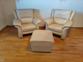 Ledersessel-Set beige - 2 Sessel + Ottoman - 1990er-2000er