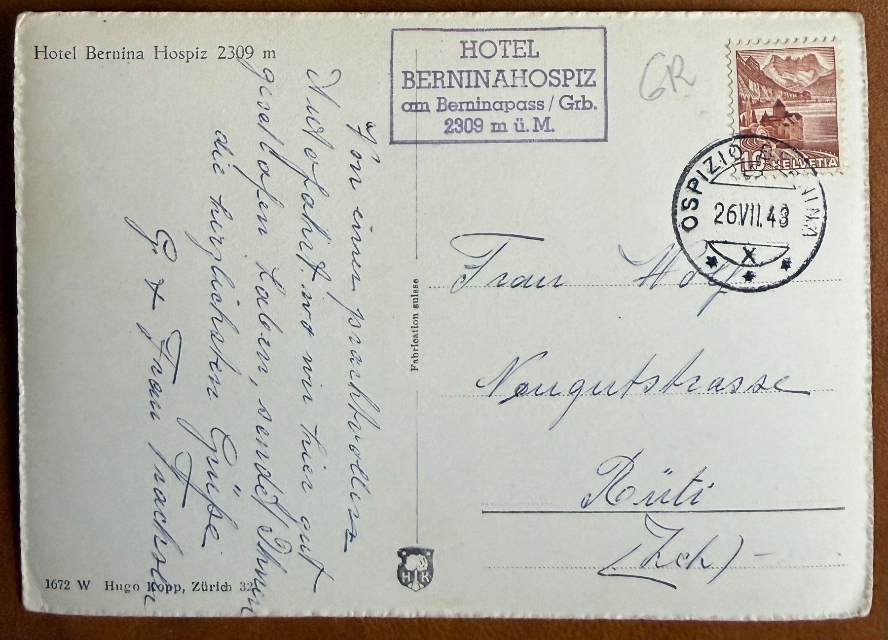 Ansichtskarten: Bernina Hospiz 1943 – Gebraucht aus Lutry von Ediego 1