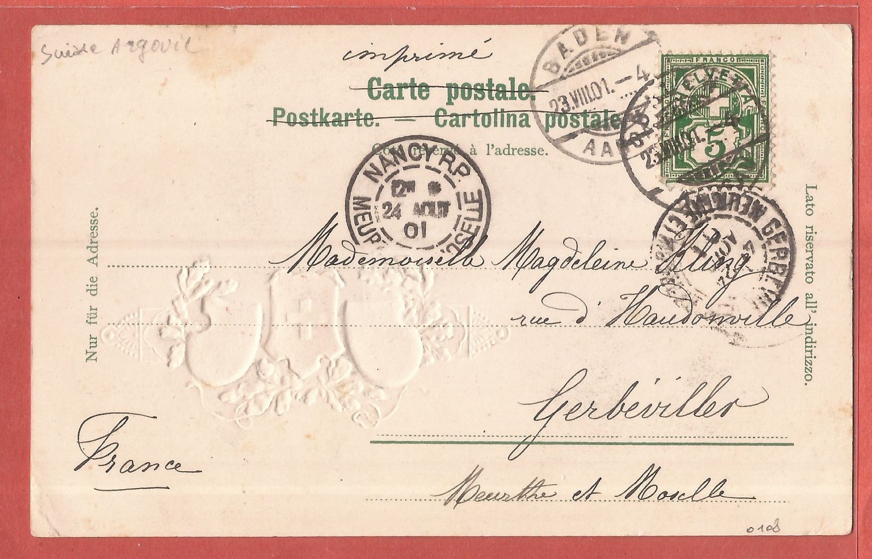 Cartoline postali: Baden - Mehrbild-Prägekarte 1901 – Usato da Fislisbach venduto da Porano 1