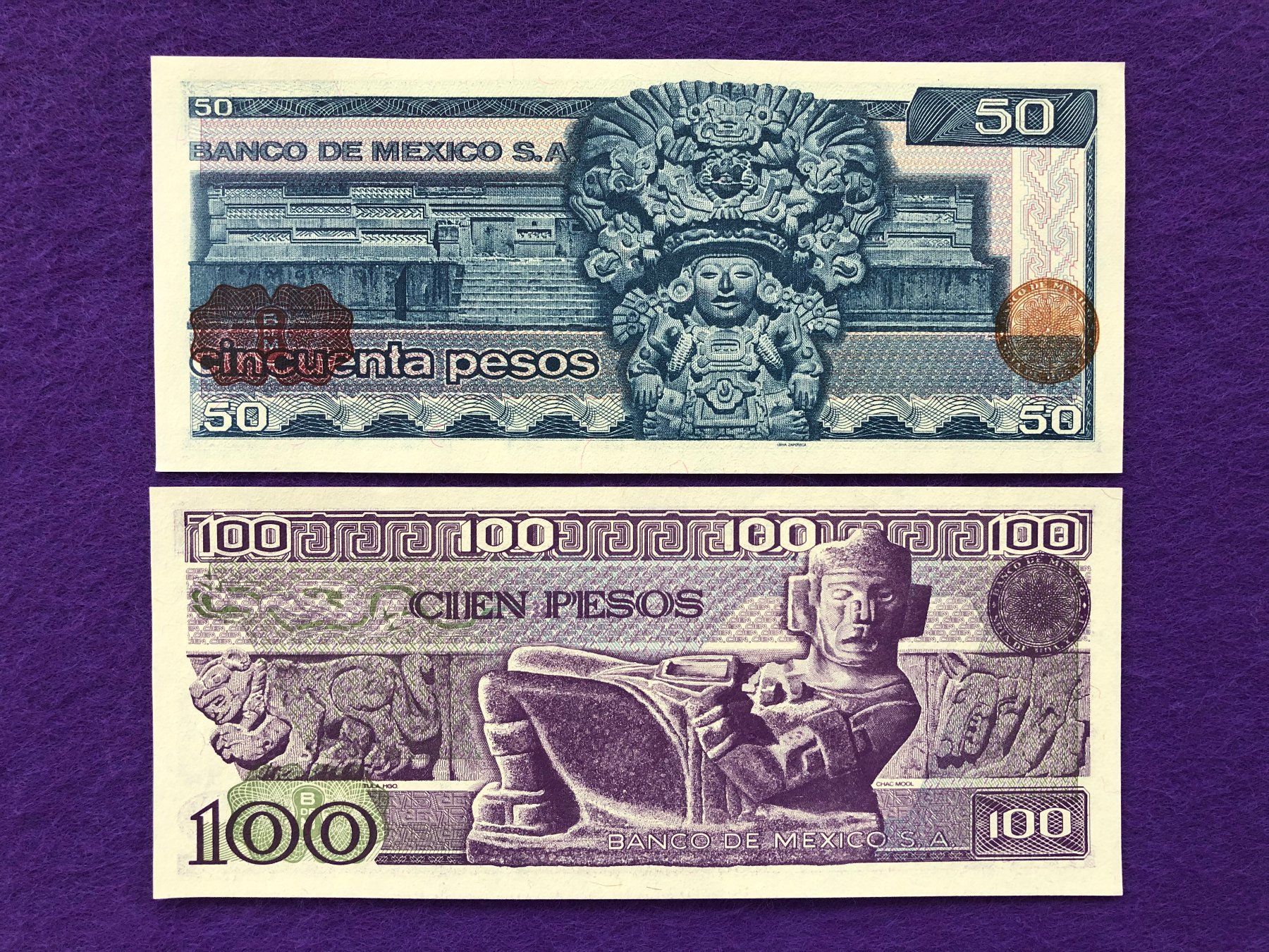 Banknoten: Mexico 1981/82 - 50 & 100 Pesos UNC – Neu und originalverpackt aus Pfäffikon SZ von Sieben77 1