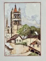 Original Watercolor Painting of Lausanne Cathedral, Signed