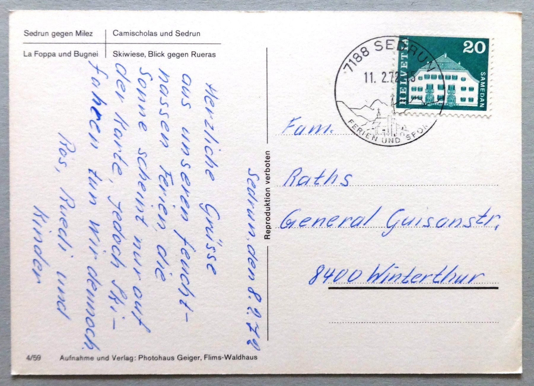 Cartoline postali: Sedrun – Usato da Fétigny venduto da Billy2miny 1