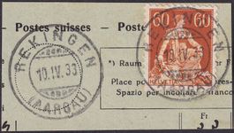 Vollstempel: REKINGEN AG: 10.4.1933, mit Nr.140, Ausschnitt.