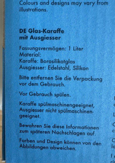 Caraffe: Glas-Karaffe mit Aussgiesser 1 Liter – Nuovo e nell'imballaggio originale da Bäriswil BE venduto da Elmejor11 1