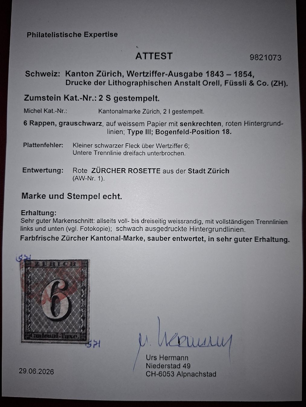 Tutti i francobolli: 2S Feld 18 Mit Attest Kat. 2500.- + Att  – Usato da Balgach venduto da SIMEON27 2