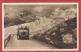 Furkastrasse - Saurer-Postauto vor Rhonegletscher ca. 1930