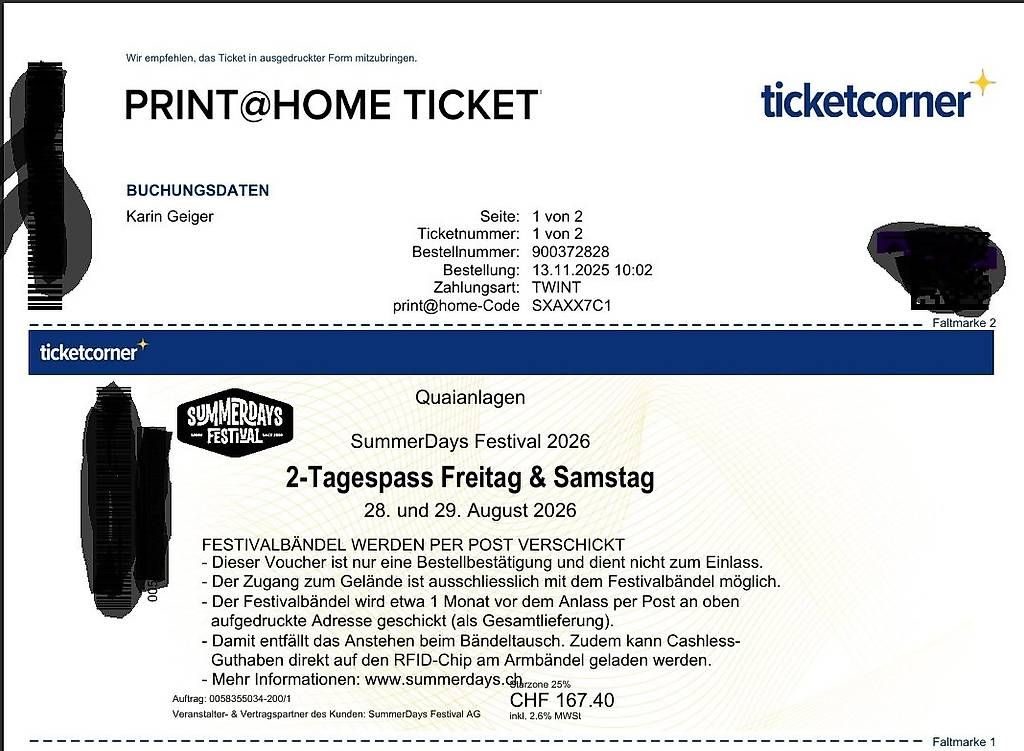 Tickets: 2-Tagespass Summerdays Arbon – Neu und originalverpackt aus Steinebrunn von KarinGeiger