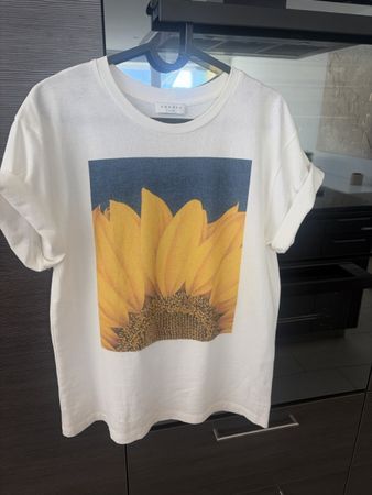 Sandro Paris T-Shirt Gr. S Sonnenblume Strass Print Offwhite