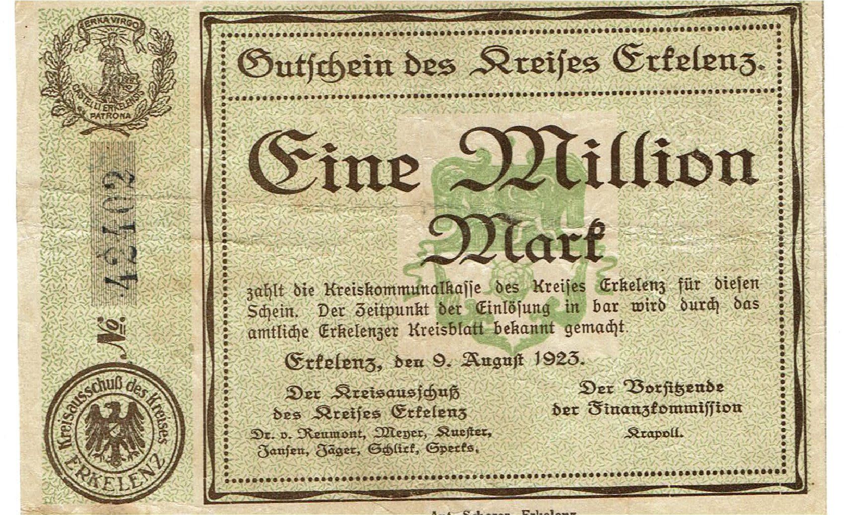 Billets de banque: Erkelenz 1 Mil.Mark 09.08.1923 SS+-SS++ – D'occasion à Steffisburg par ber_8htf