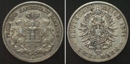 HAMBURG 2 Mark 1876 J, Silber f.vz