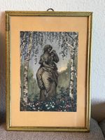 B. Brosi Gerahmte Aquarellmalerei Frau mit Blumen Waldszene