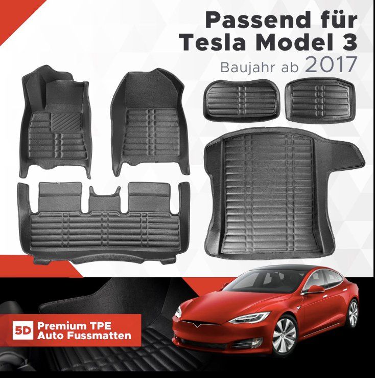 5D Premium Auto Fussmatten Gesamtset Tesla Model 3 ab 2017