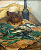 "Stilleben mit Krug und Fischen", P. F.  Farrey, 1921