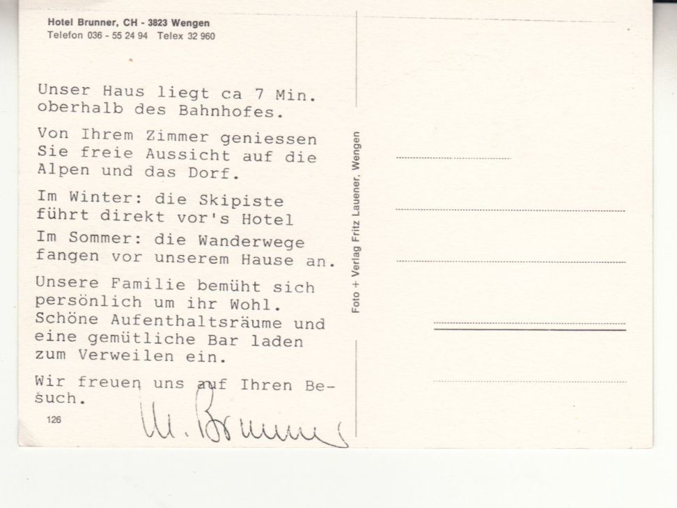 Ansichtskarten: Wengen Brunner, ca. 1970 – Gebraucht aus Bürglen TG von StampGraf 1