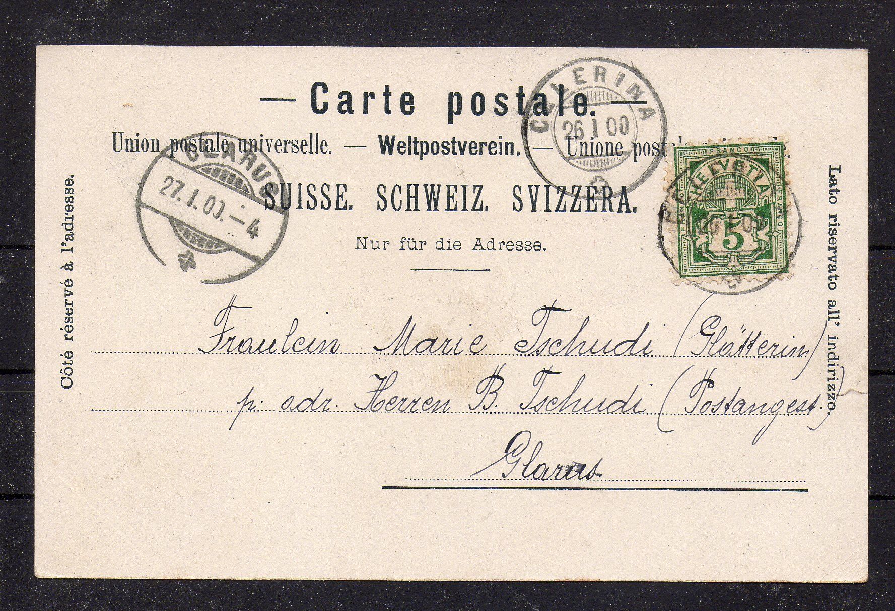 Cartoline postali: Celerina GR, 1900, ʘ Celerina + Glarus – Usato da Biel venduto da Liewer2 1