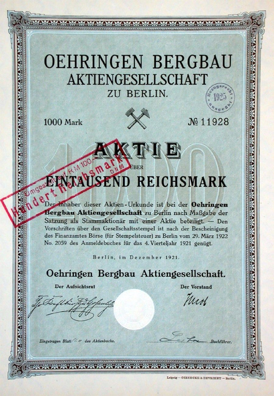 Documenti: Oehringen Bergbau AG, Berlin - 1921 – Usato da Solothurn venduto da Sgasche