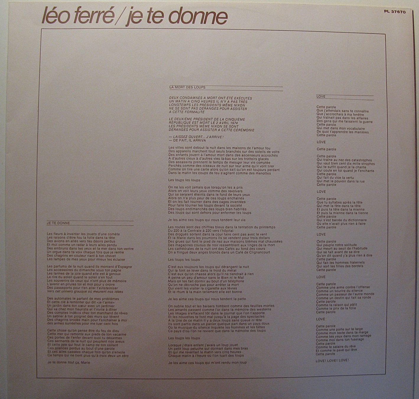 Vinyles: LEO FERRE "Je Te Donne"  LP in VG+ – D'occasion à Monthey par Pingmub 5