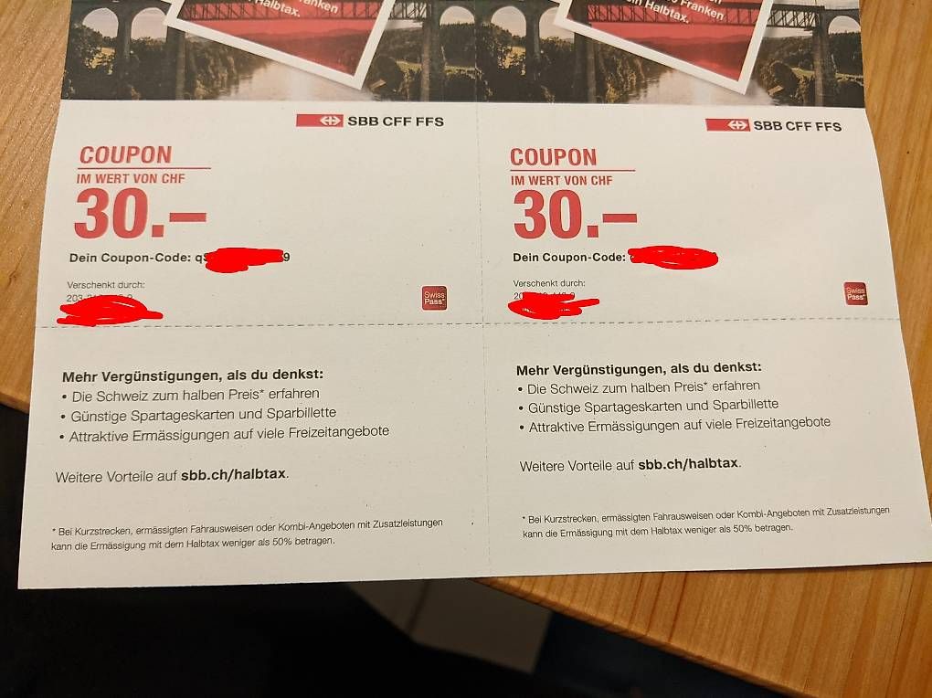 SBB/CFF/FFS Buoni: 2 Coupons 30 Fr aufs Halbtax – Usato da Bern venduto da imr_v8b6