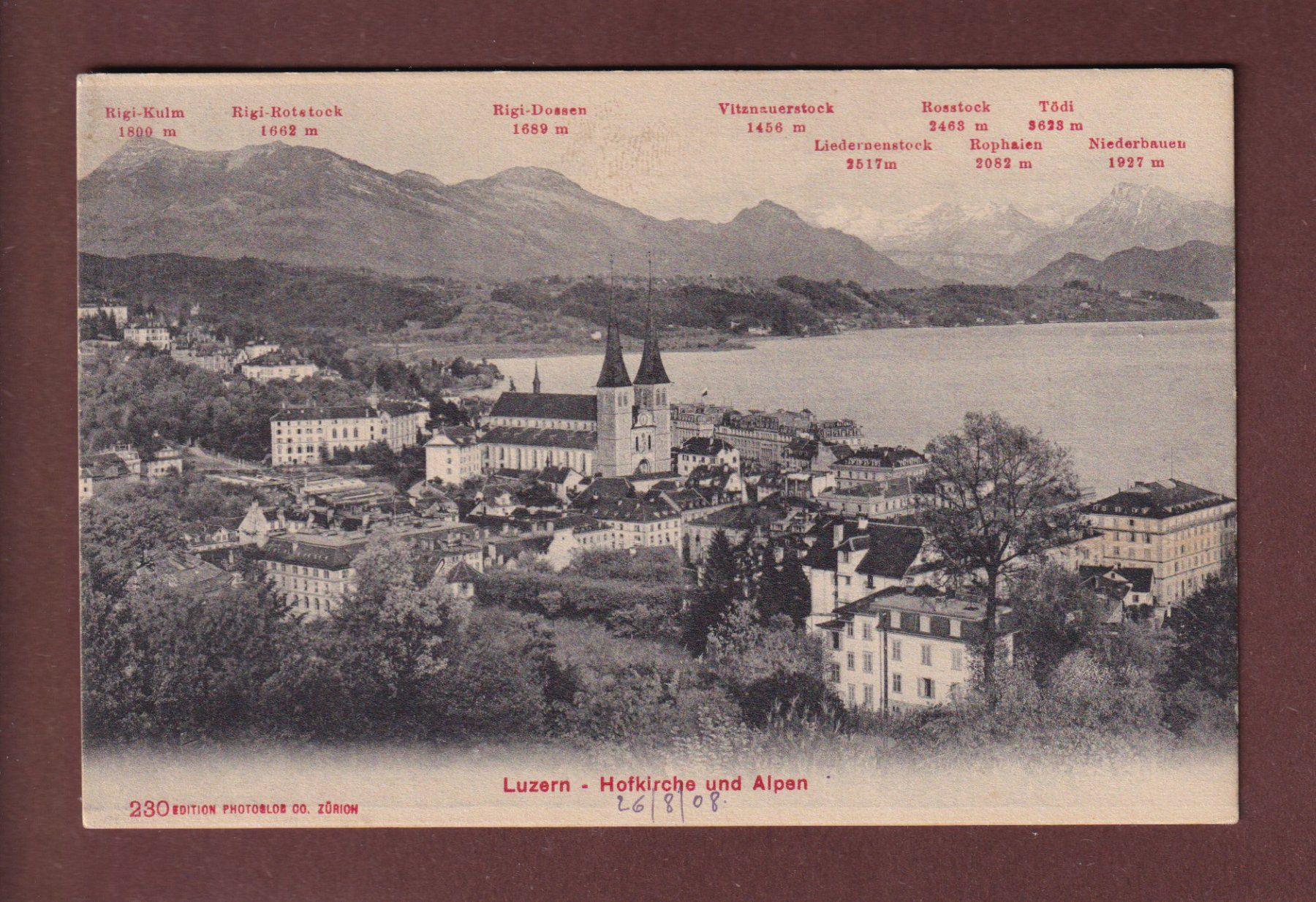 Cartoline postali: LUZERN - Hofkirche und Alpen - 1908 – Usato da Pully venduto da nicecards-shop