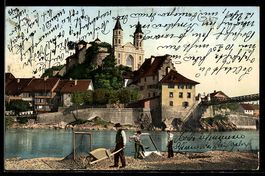 AK Aarburg, Kirche und Häuser am Fluss, Arbeiter am Ufer