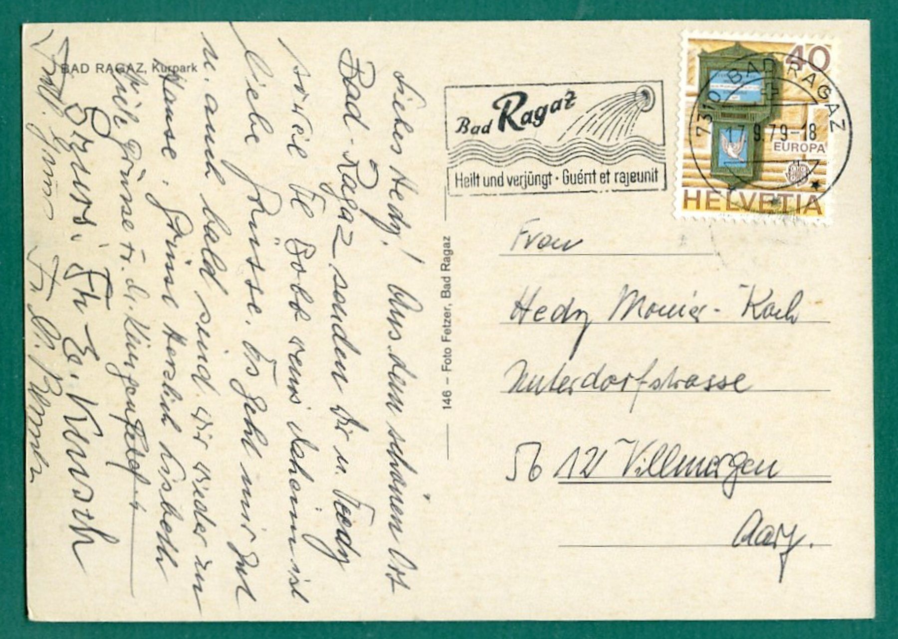 Cartoline postali: Bad Ragaz, Kurpark, 1979, gelaufen, Grossformat – Usato da Sargans venduto da Hausi1951 1