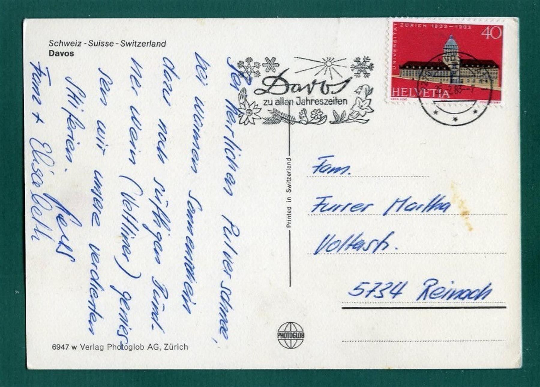Ansichtskarten: Davos, 4-Bilderkarte, 1983, gelaufen, Grossformat – Gebraucht aus Sargans von Hausi1951 1