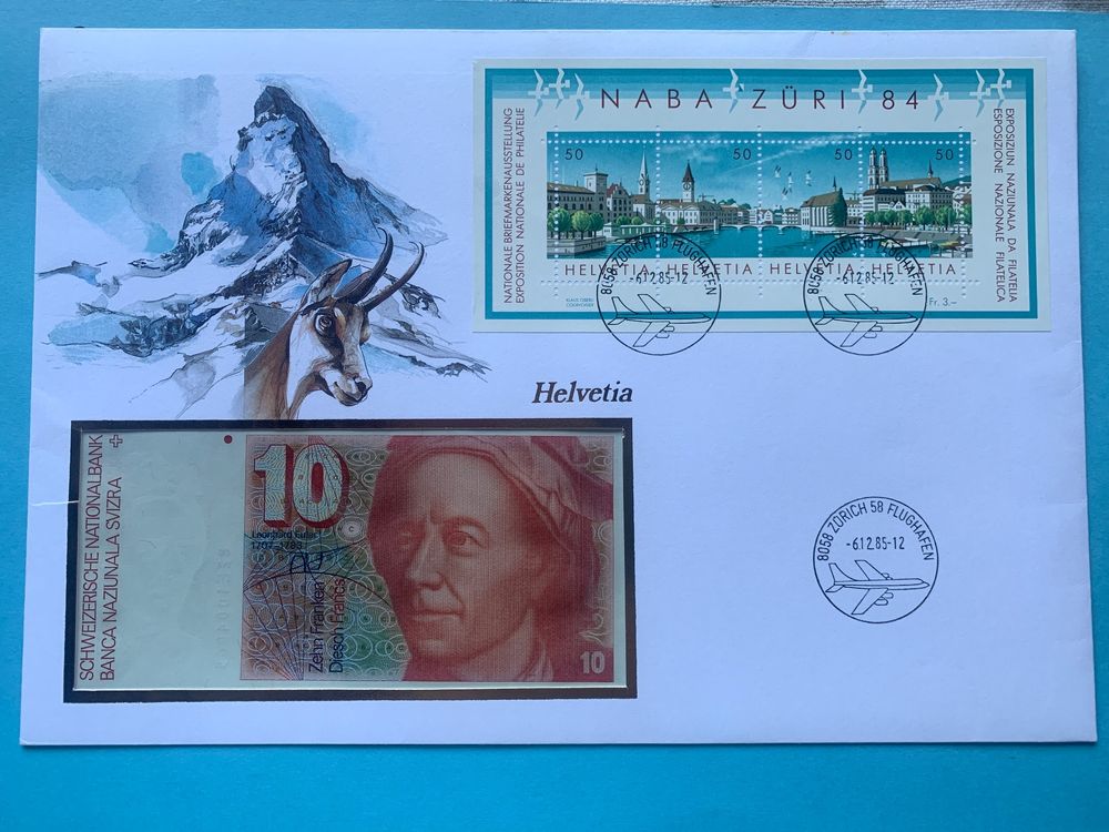 NABA Zürich 1984 - Ersttag Ausgabe mit 10 Fr. 1982 Note- FDC (Neu und ...
