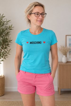 Moschino | t-shirt bleu turquoise logo cœurs | M femme