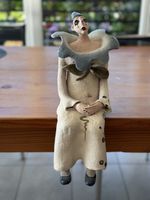 Keramikfigur Clownin sitzend weiss blau guter Zustand 40cm