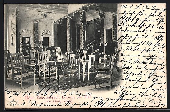 Cartoline postali: Lucerne, Hotel Schweizerhof, Hall, Innen – Usato da Berlin venduto da bartko-reher