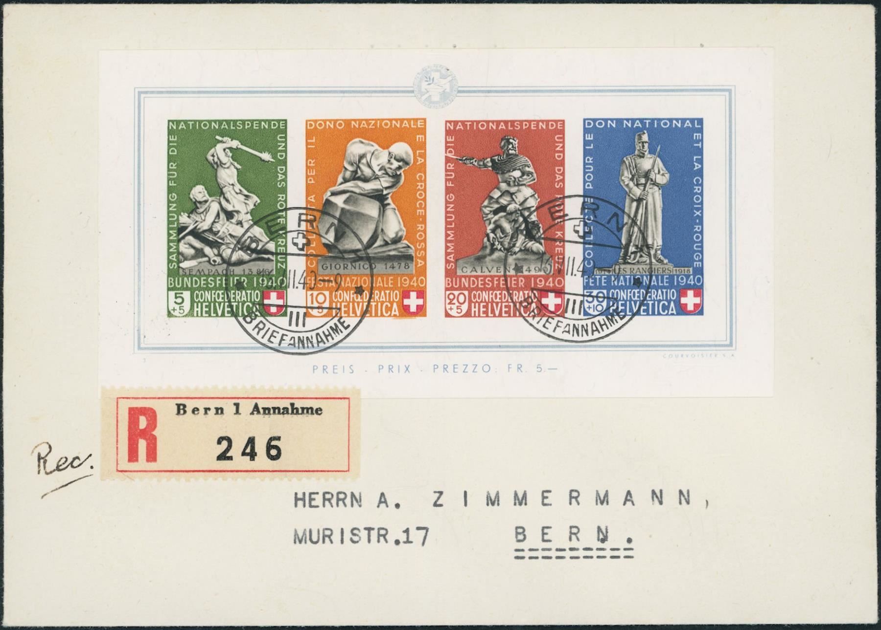 Tutti i francobolli: 1940 - Pro Patria - Block - FDC ET – Usato da Schindellegi venduto da leecollect