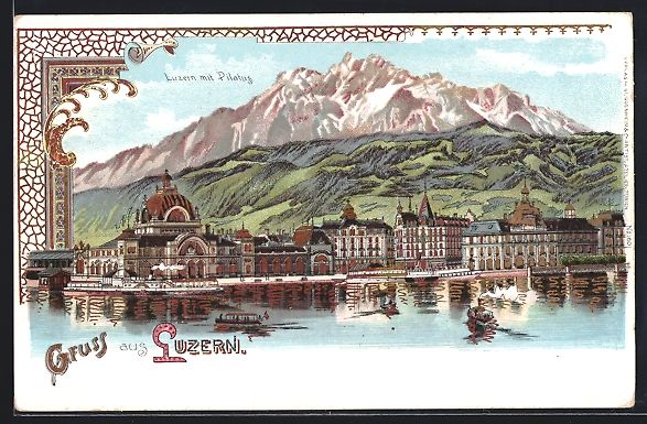 Cartes postales: Litho Luzern, Ortspanorama mit Pilatus,  – D'occasion à Berlin par bartko-reher