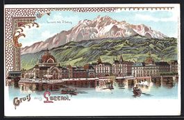 Litho Luzern, Ortspanorama mit Pilatus, 