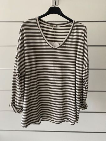Langarmshirt V-Ausschnitt / Creme-Oliv / One Size 36/38