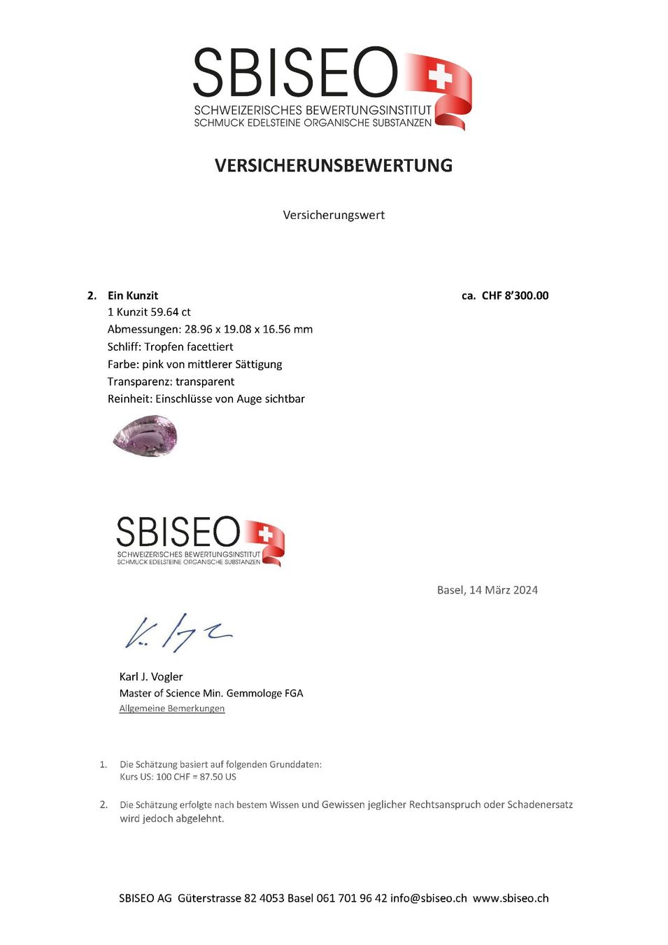 Pietre preziose: SPLENDIDE Kunzite 59.64 ct - CERTIFICAT 8'300.- Fr – Nuovo (secondo la descrizione) da Grimisuat venduto da Valgem 3