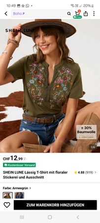 Shein Shirt, Armeegrün, Gr XL, mit Blumenstickerei!
