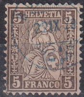 Sitzende Helvetia. Raarer Orts-STEMPEL in Blau++++