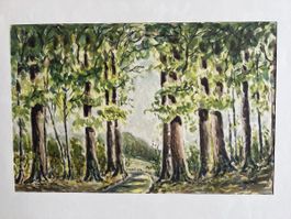 Aquarell Waldweg, W.W., gerahmt, Original, Sommerdeko
