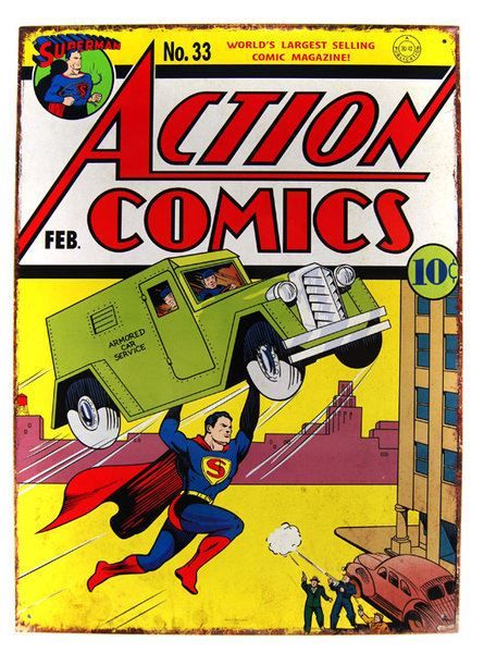 Schilder: Rusty Blechschild-ACTION COMICS FEB. - 30 x 40 cm – Neu und originalverpackt aus Rupperswil von big-one-sale