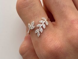 Silber 925 Lorbeerblätter Ring Zirkonia