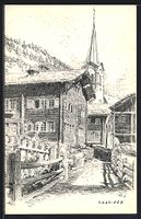 Saas-Fee, Weg mit Ortspartie und Kirche